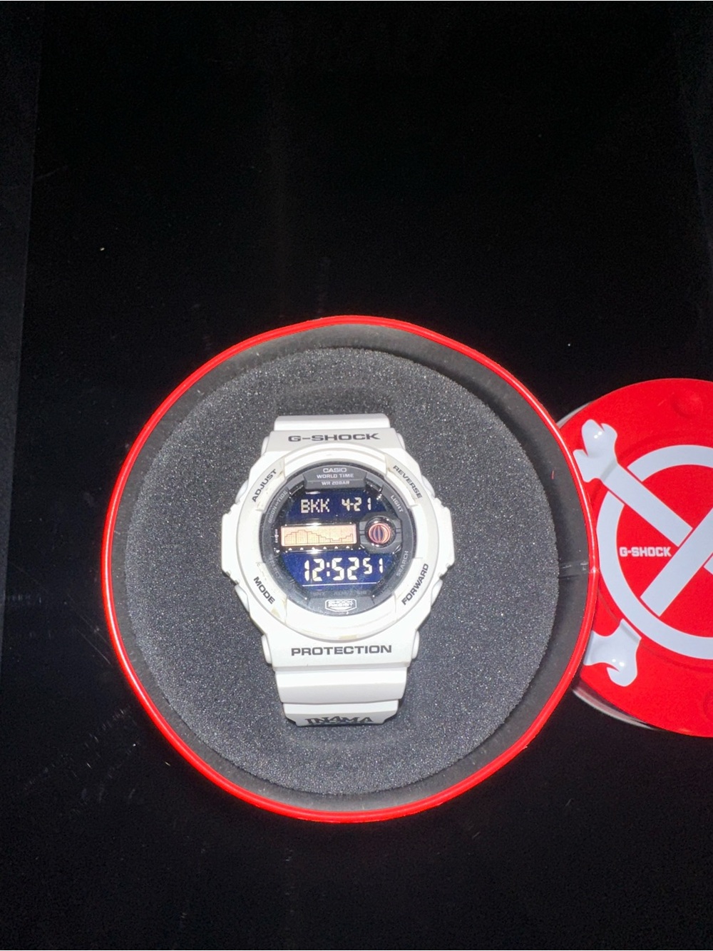 G-Shock White Digital Watch with Black Dial and Red Accents